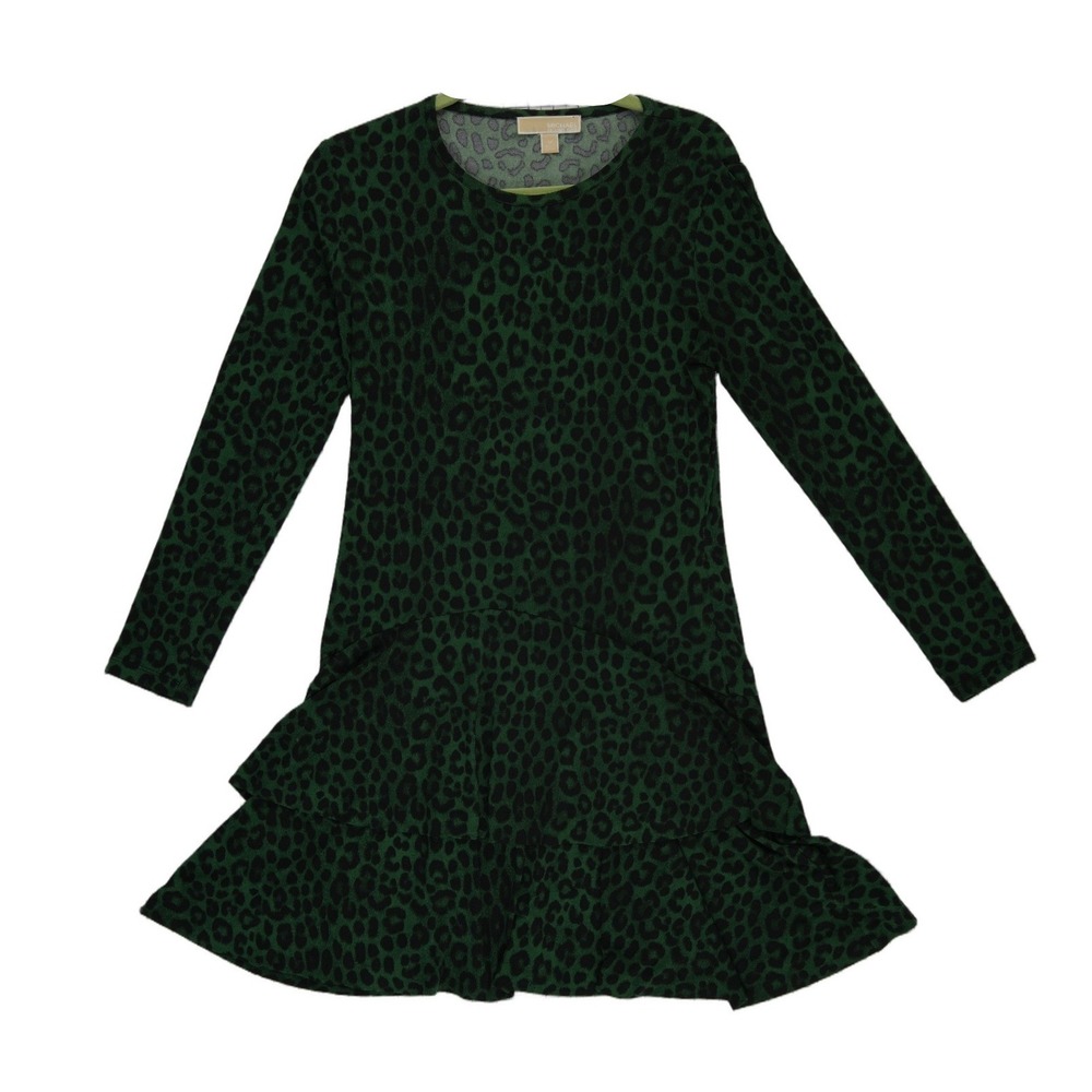 Michael Kors Green Leopard Print Ruffle Hem Dress Womens Size Medium Long Sleeve